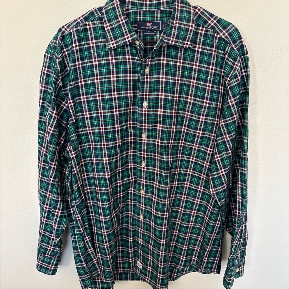Vineyard Vines Murray Plaid Button Down Shirt L Green Navy Red Cotton Preppy